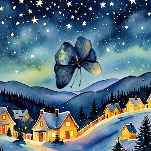8.5x8.5in Starry Night Village Butterfly Art Print
